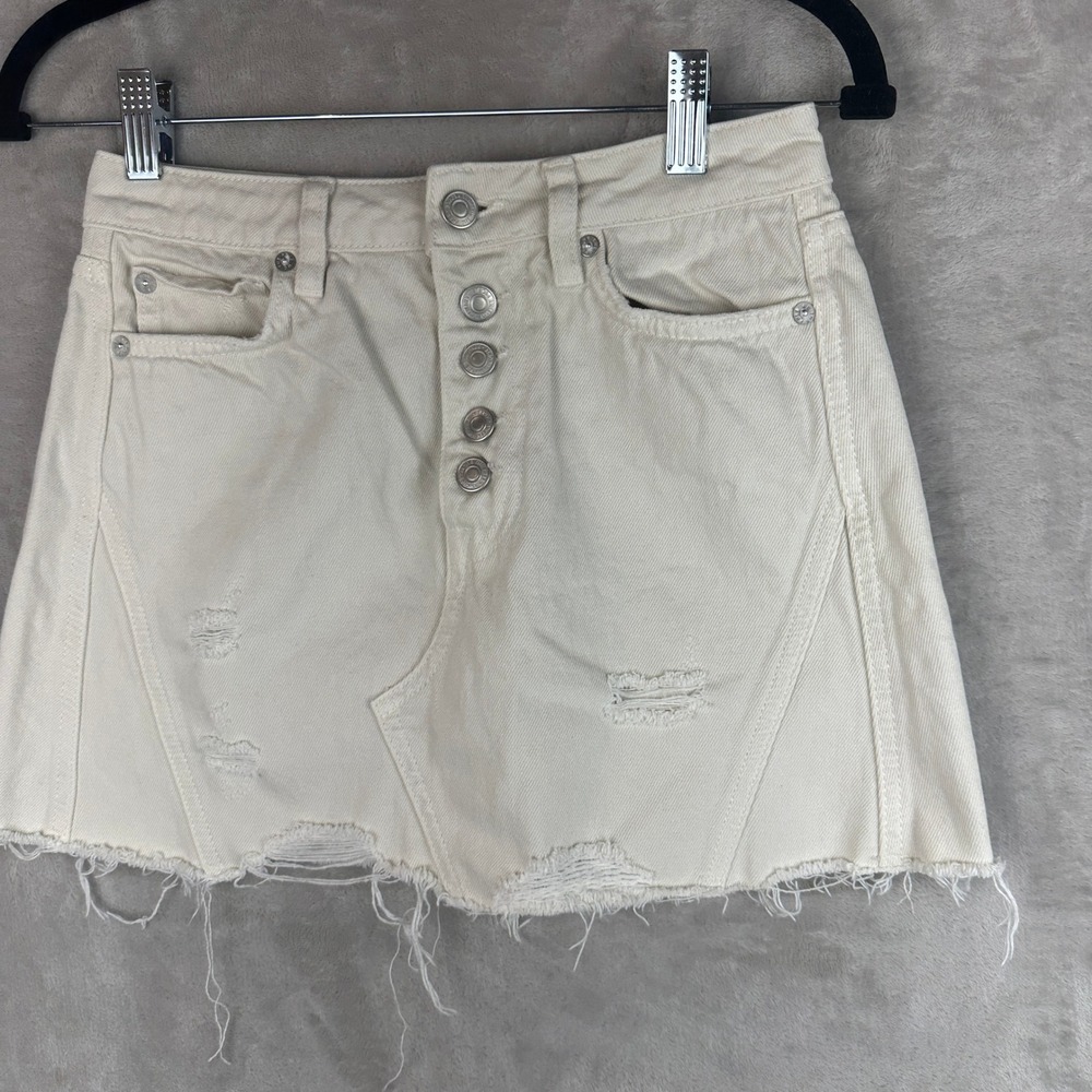Free People We The Free Distressed Denim Mini Skirt Off White Button Fly Size 25